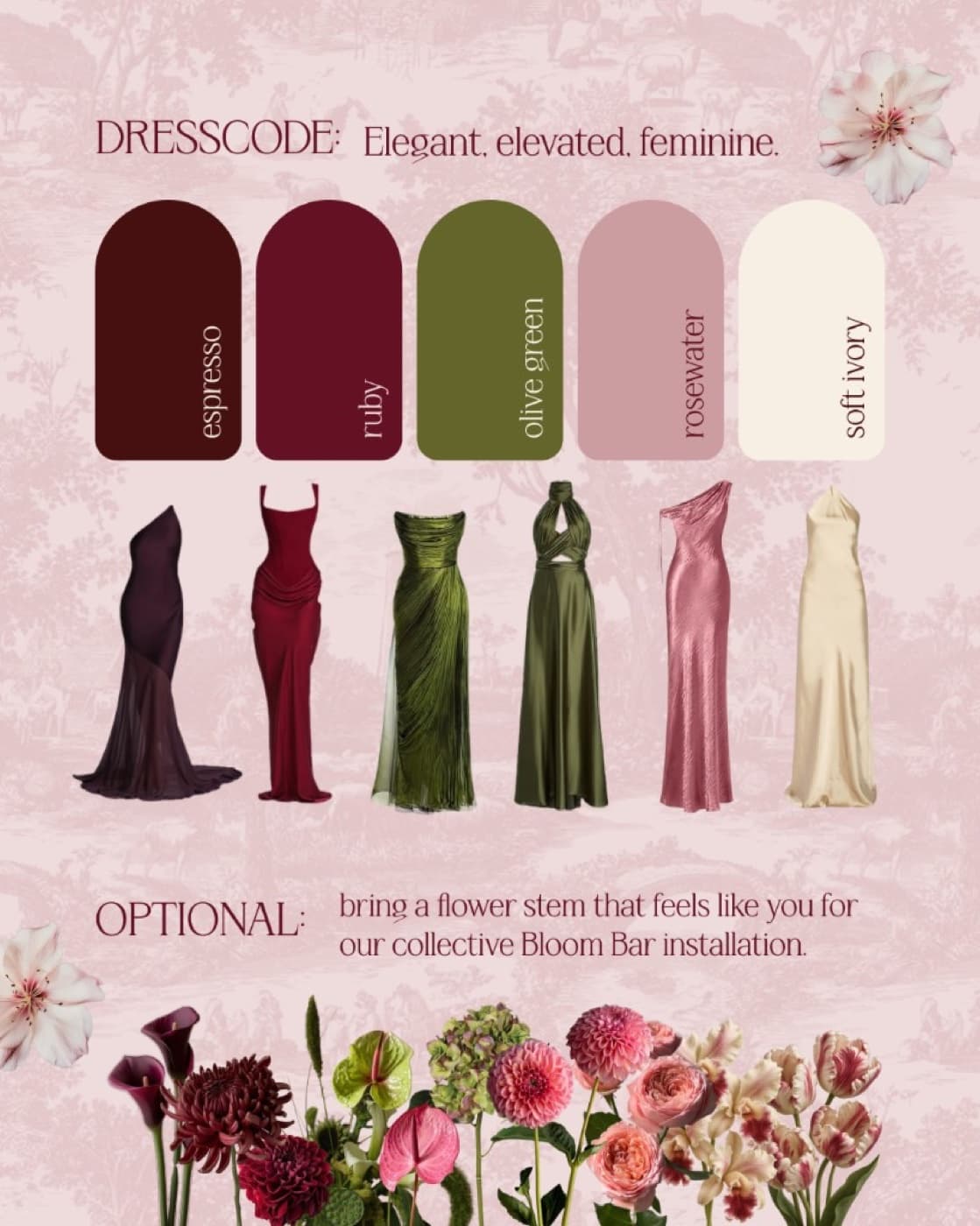 Cherry Bloom Society dress code and colour palette